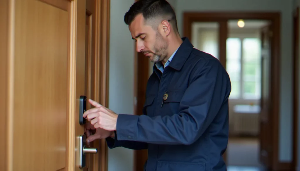Serrurier professionnel installant un cylindre certifié A2P sur une porte d'appartement à Lyon, illustration d'une serrurerie sans souci
