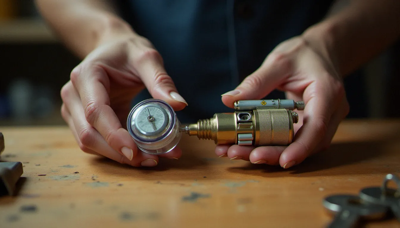 Gros plan sur les mains d'un serrurier comparant un cylindre standard et un cylindre certifié A2P sur un établi, illustrant les critères de qualité d'une serrurerie fiable