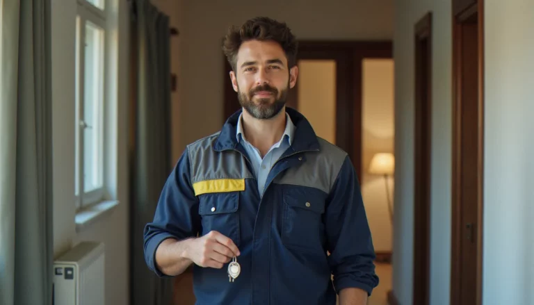 Serrurier professionnel devant une porte d'appartement à Lambersart tenant un cylindre certifié A2P, illustrant la serrurerie sans souci à Lambersart