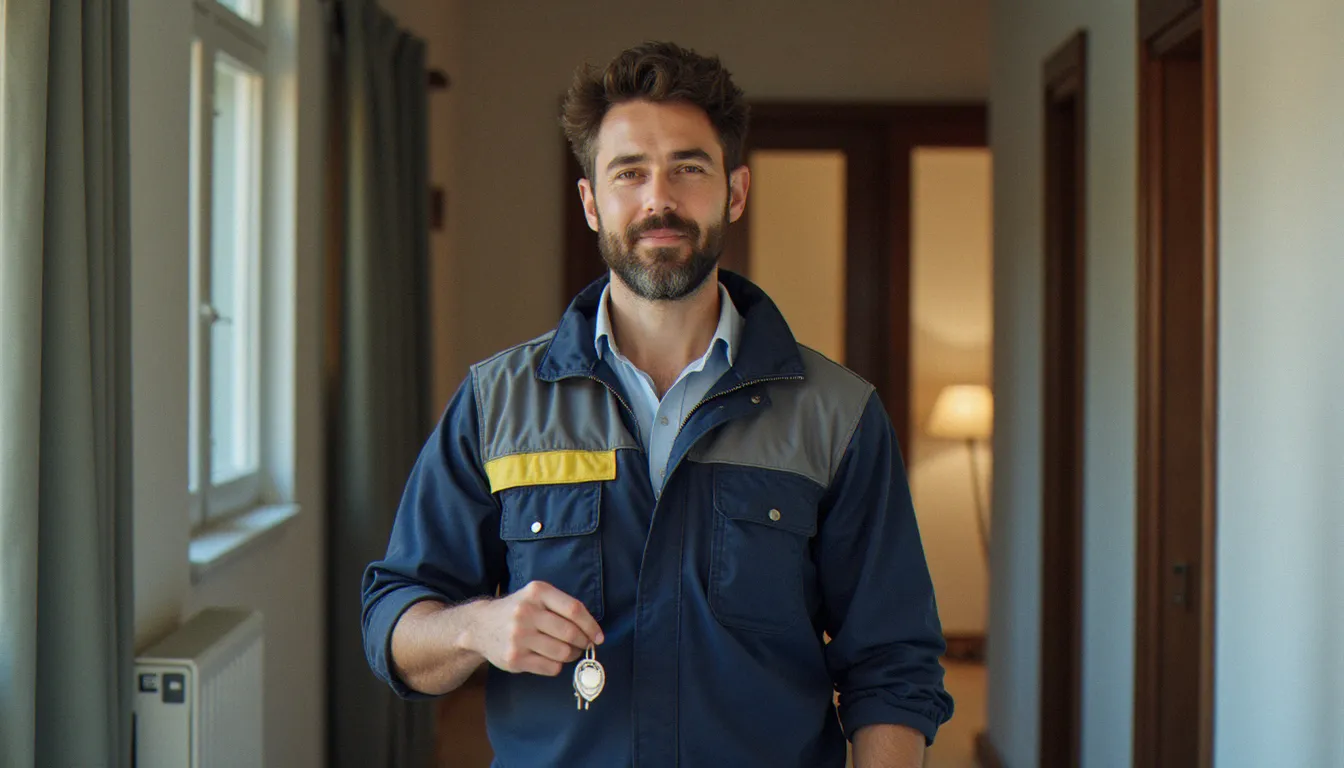 Serrurier professionnel devant une porte d'appartement à Lambersart tenant un cylindre certifié A2P, illustrant la serrurerie sans souci à Lambersart
