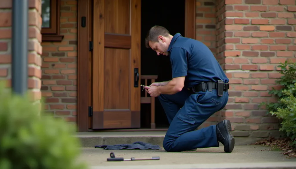 Serrurier professionnel en intervention devant une porte en bois d'une maison en brique, inspectant une serrure à cylindre — serrurerie sans souci à Lambersart