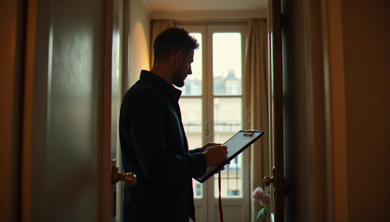 Audit de sécurité réalisé par un serrurier dans un appartement résidentiel, vérification des points d'entrée et des serrures existantes