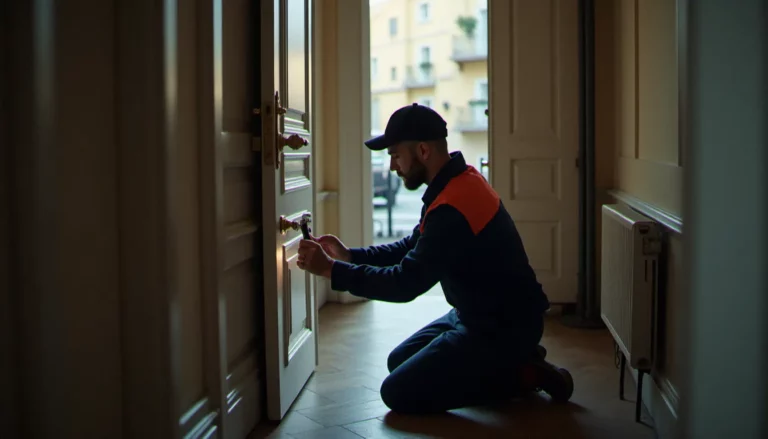 Serrurier professionnel examinant la serrure d'une porte d'entrée à Vichy, intervention de serrurerie en milieu urbain