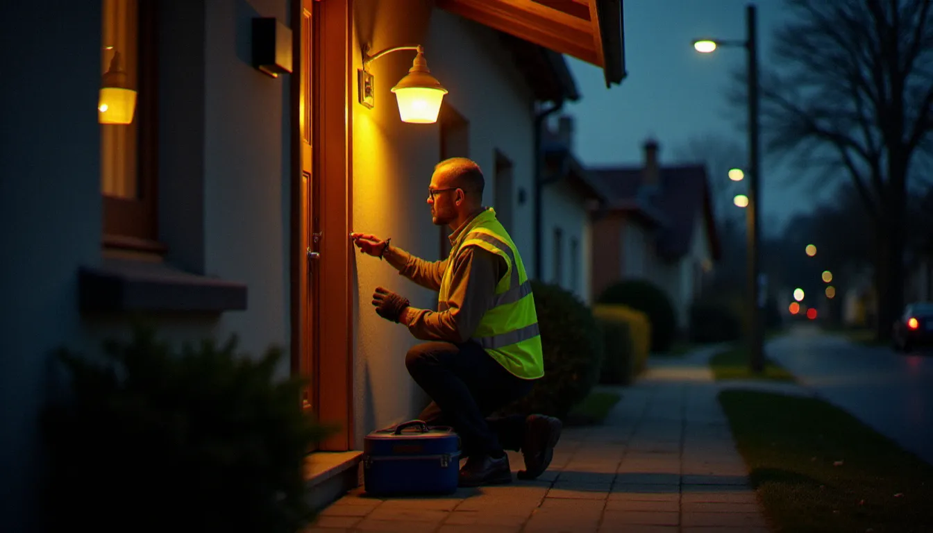 Serrurier intervenant de nuit sur une porte d'entrée résidentielle en France, illustrant les majorations tarifaires pour les interventions hors horaires