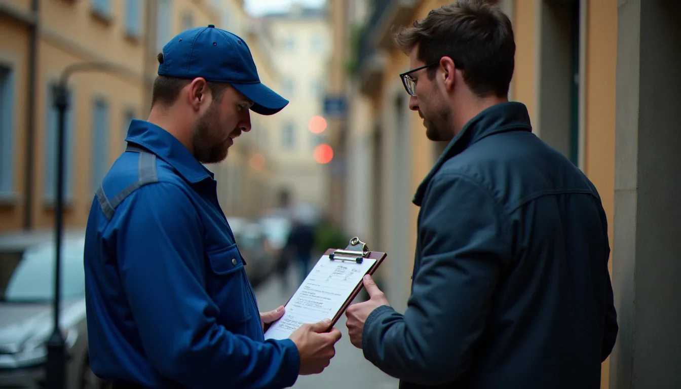 Serrurier remettant un devis écrit à un client lyonnais avant intervention, illustrant la transparence tarifaire recommandée pour éviter les arnaques sur le prix clé serrurier