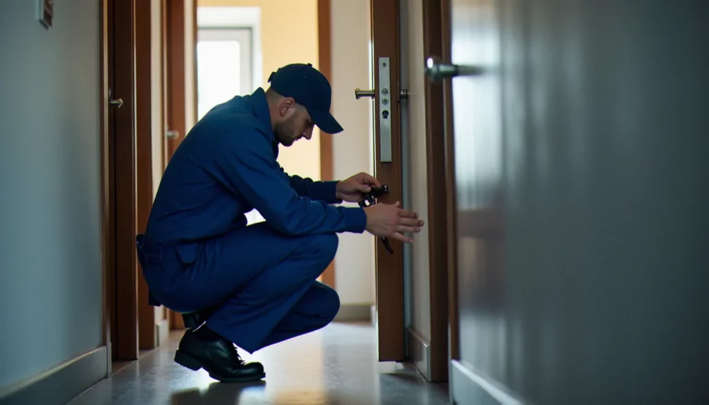 Serrurier en intervention de dépannage devant une porte d'appartement à Lyon, illustrant le prix d'un serrurier dépannage