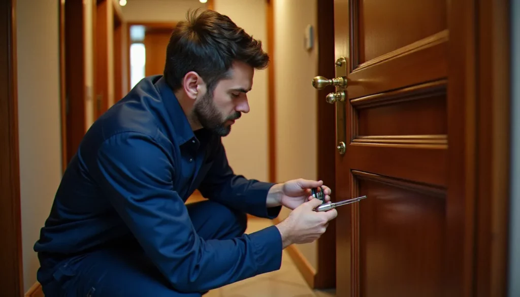 Serrurier professionnel examinant une serrure de porte d'entrée à Lyon pour évaluer le prix d'intervention avant de remettre un devis