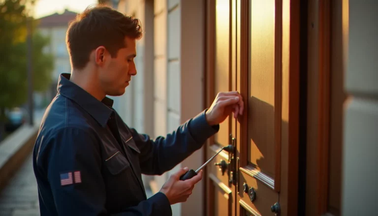 Serrurier professionnel examinant une serrure de porte d'entrée à Lyon, illustrant le tarif d'un serrurier prix Lyon