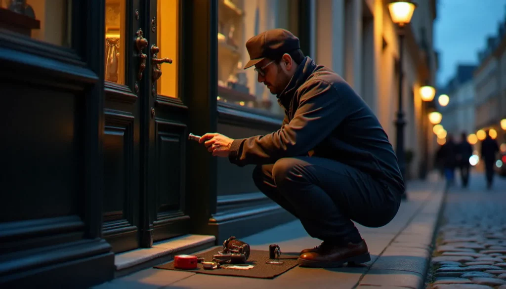 Serrurier professionnel examinant une serrure de porte d'entrée parisienne avec ses outils, illustrant une intervention de serrurier prix paris