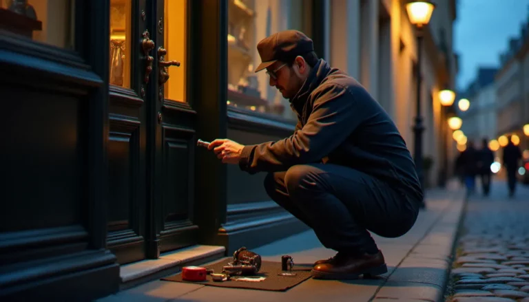 Serrurier professionnel examinant une serrure de porte d'entrée parisienne avec ses outils, illustrant une intervention de serrurier prix paris