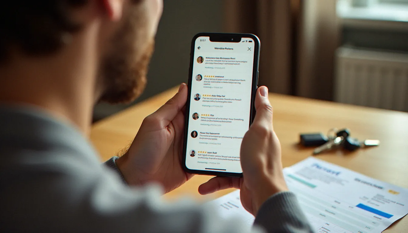 Particulier consultant des avis clients sur son téléphone avant de choisir une serrurerie, clés et facture posées sur la table