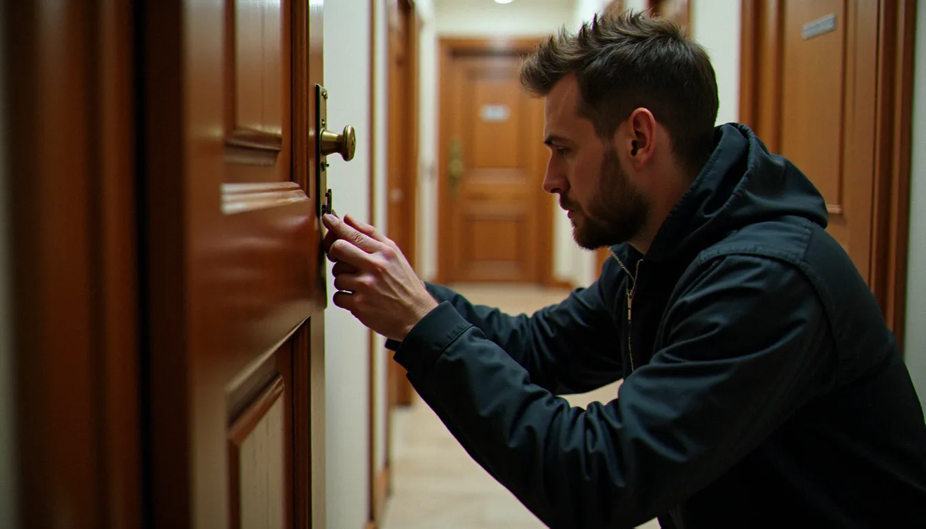 Serrurier professionnel inspectant un cylindre de porte d'entrée à Lyon, illustration des avis serrurerie Tan