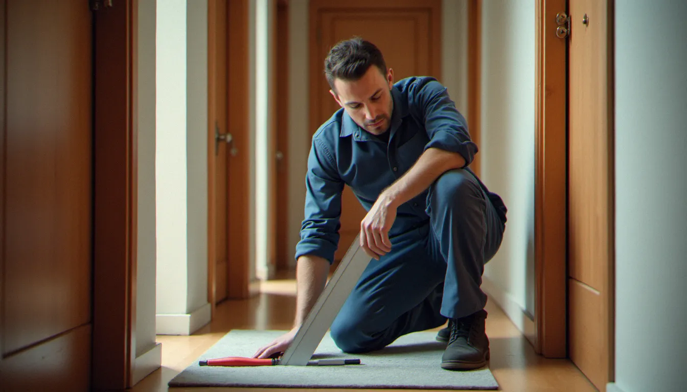 Serrurier professionnel mesurant une porte d'appartement avant la pose d'un blindage, étape clé pour estimer le prix