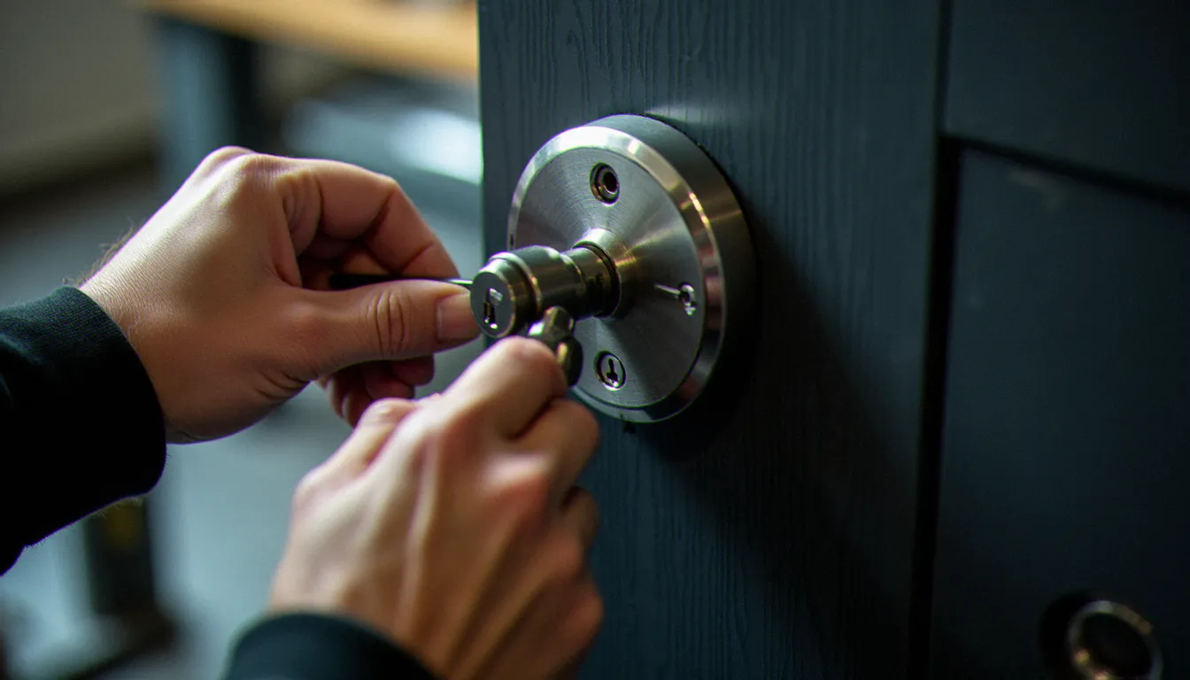 Cylindre de serrure certifié anti-perçage en cours de pose sur une porte blindée, gros plan sur les composants de sécurité