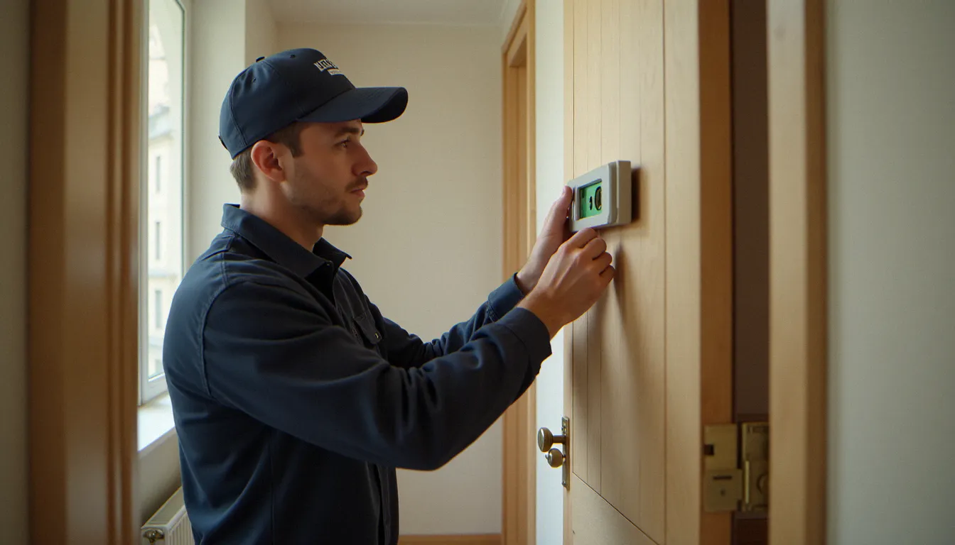 Serrurier professionnel vérifiant l'alignement du dormant d'une porte blindée après pose, avec niveau à bulles dans un couloir d'immeuble