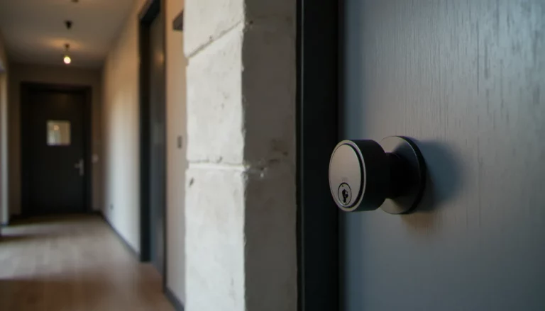 Porte palière blindée en acier avec serrure multipoints certifiée, installée dans un immeuble résidentiel à Lyon