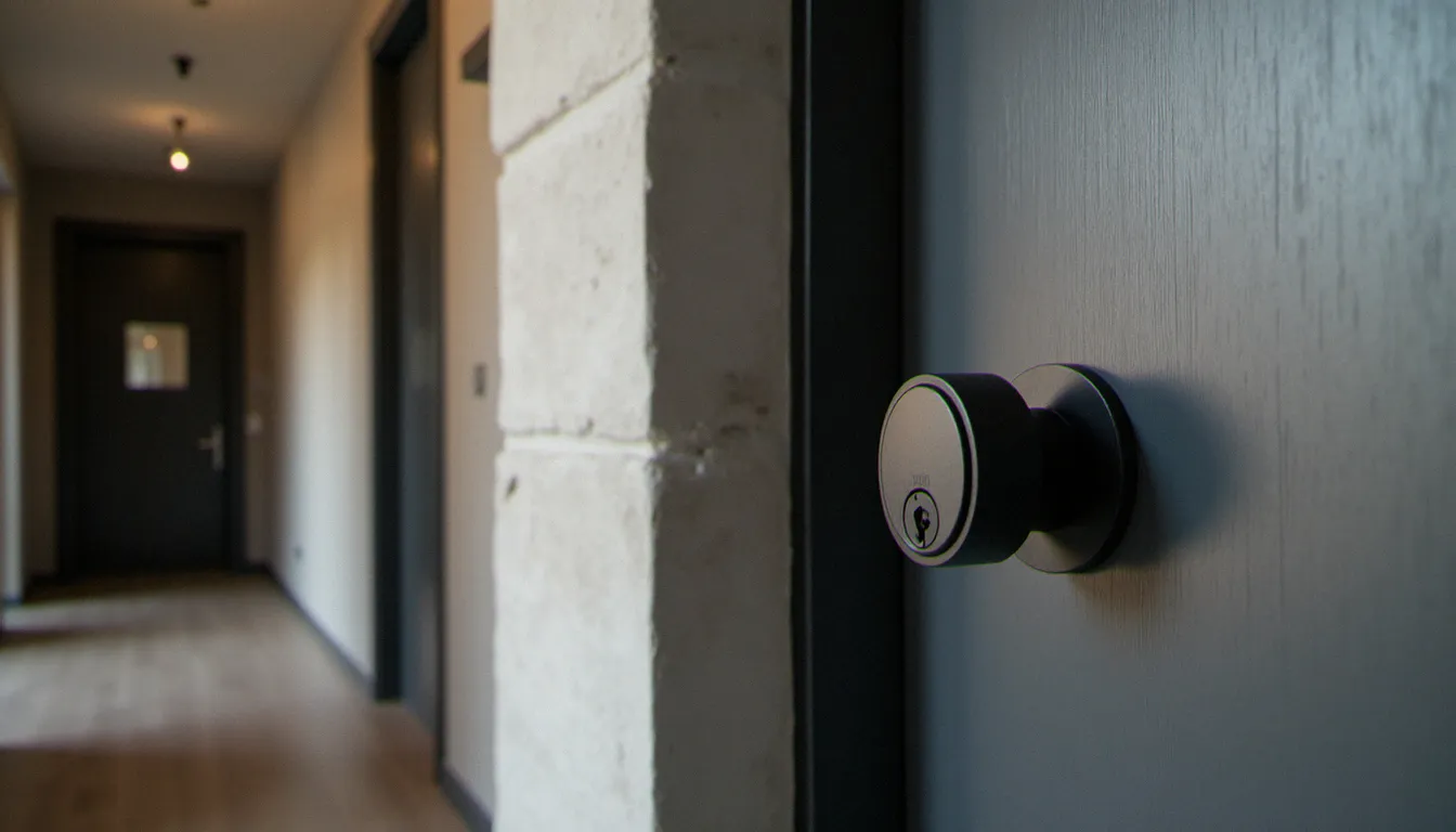 Porte palière blindée en acier avec serrure multipoints certifiée, installée dans un immeuble résidentiel à Lyon
