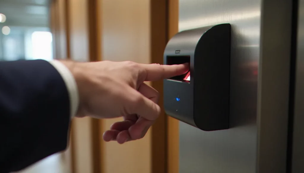 Lecteur d'empreinte digitale de contrôle d'accès biométrique installé sur un cadre de porte en acier brossé dans un bureau moderne