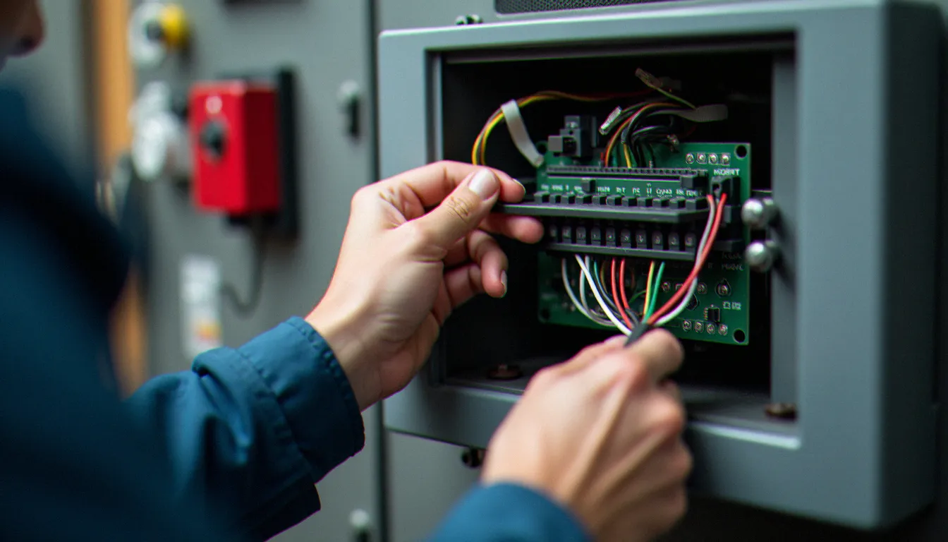 Technicien serrurier réalisant le câblage électrique lors de l'installation d'un système de contrôle d'accès connecté dans une entrée d'immeuble à Lyon