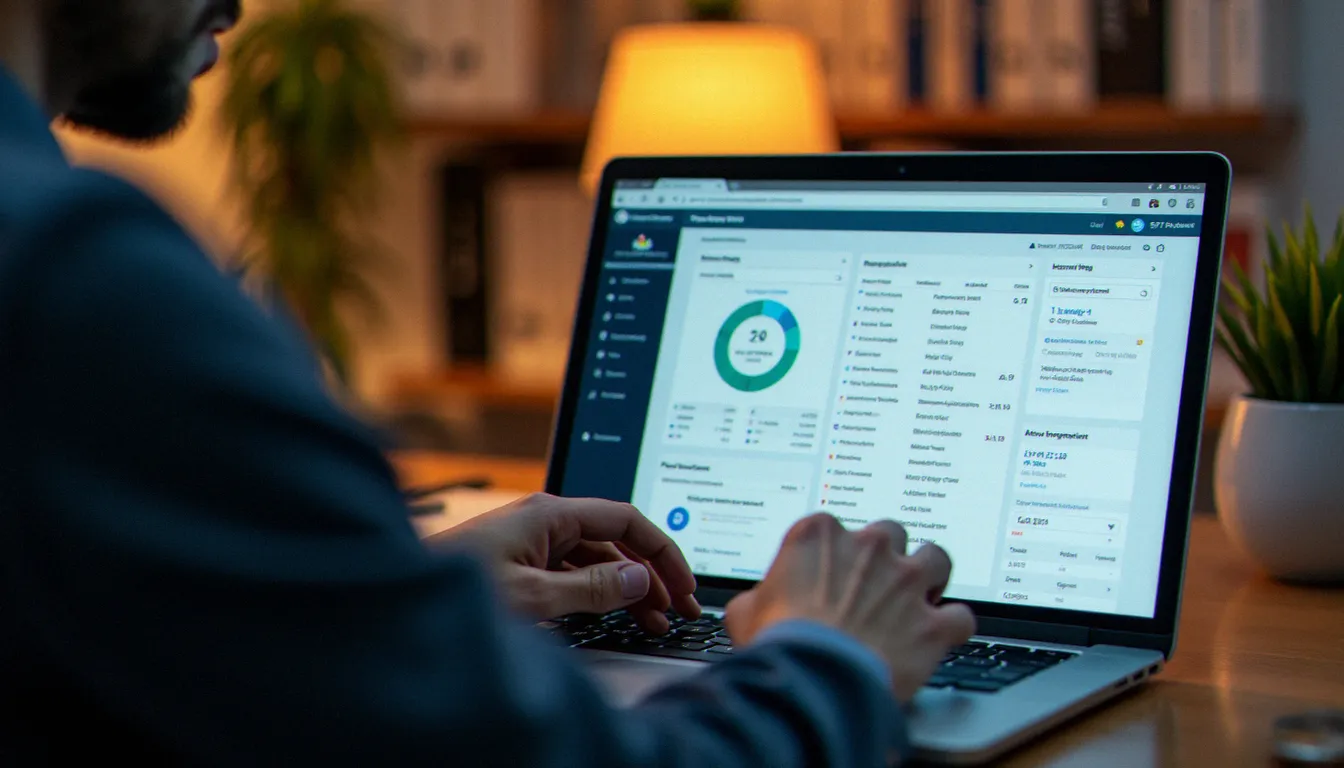 Gestionnaire d'immeuble consultant le tableau de bord en ligne d'un système de contrôle d'accès Intratone pour administrer les badges et les résidents à distance