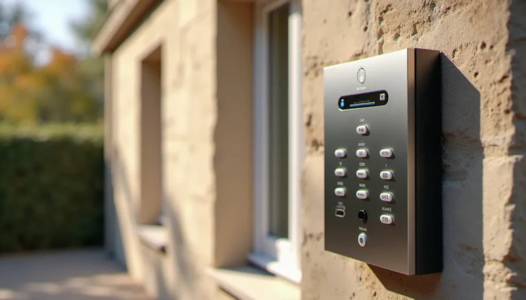 Interphone connecté Intratone avec lecteur de badge RFID et caméra intégrée, installé sur la façade d'un immeuble pour le contrôle d'accès Intratone