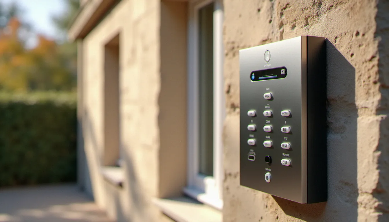 Interphone connecté Intratone avec lecteur de badge RFID et caméra intégrée, installé sur la façade d'un immeuble pour le contrôle d'accès Intratone