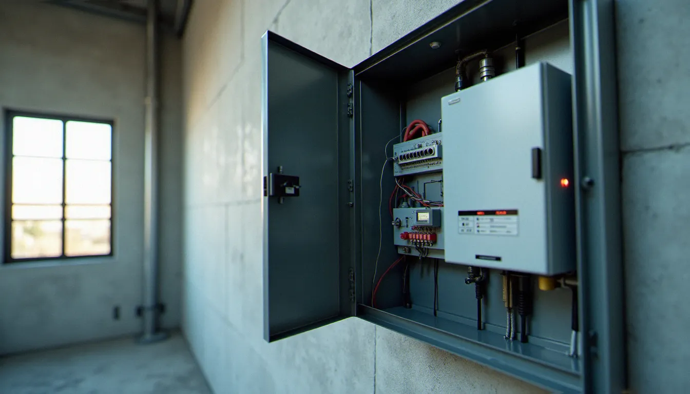 Coffret de contrôleur d'accès RFID ouvert avec câblage et batterie de secours, installé dans un local technique