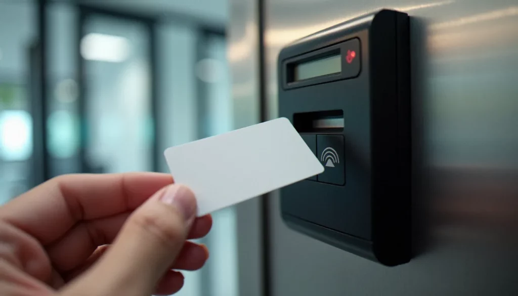 Main présentant un badge RFID blanc devant un lecteur de contrôle d'accès moderne installé à l'entrée d'un bureau