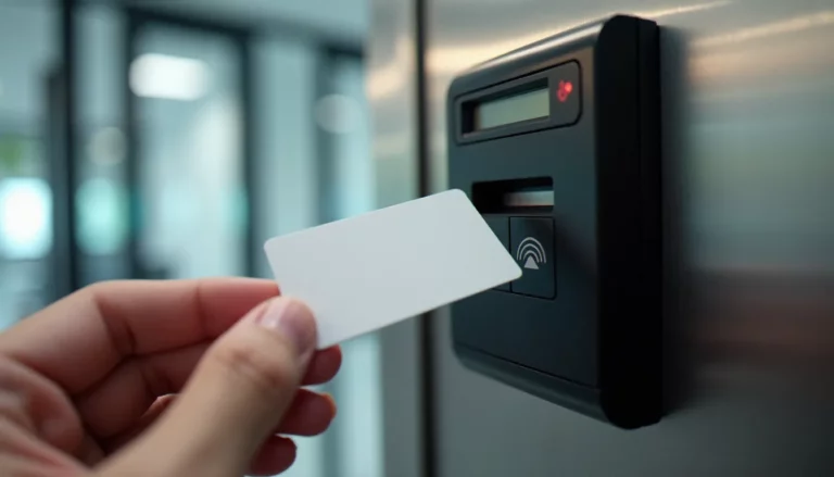 Main présentant un badge RFID blanc devant un lecteur de contrôle d'accès moderne installé à l'entrée d'un bureau