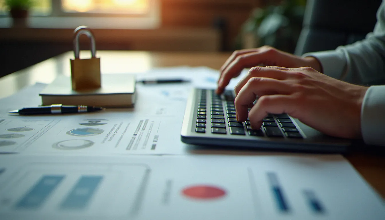 Vue de dessus de mains sur un clavier avec des documents techniques imprimés et un cadenas symbolisant la protection des fichiers PDF