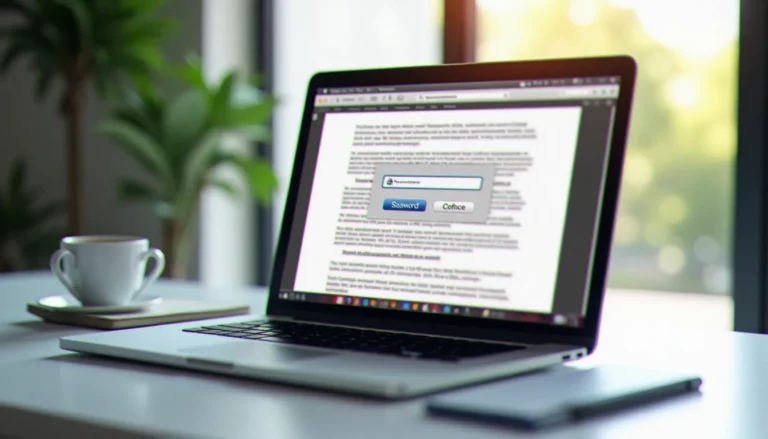 Écran d'ordinateur affichant un document PDF avec une fenêtre de contrôle d'accès par mot de passe sur un bureau professionnel