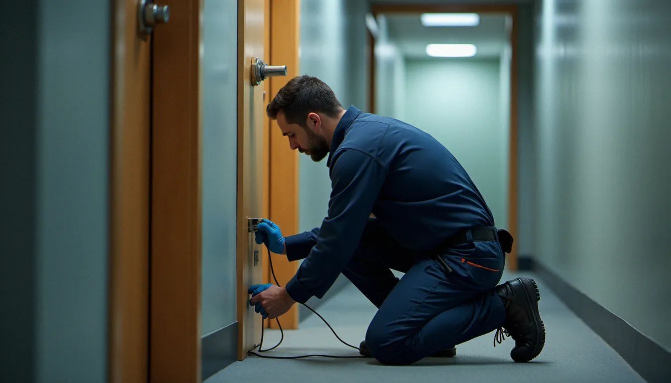 Serrurier professionnel en cours d'installation d'une gâche électrique pour un système de contrôle d'accès porte dans un couloir de bureau