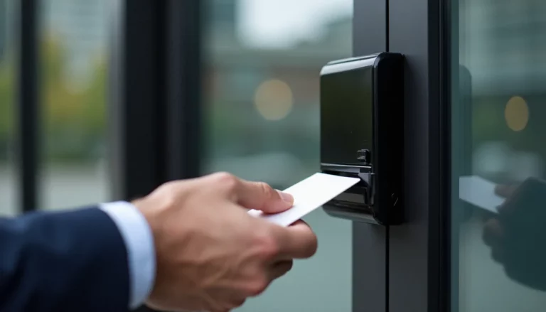 Lecteur de badge RFID installé sur une porte d'accès professionnelle à Lyon, illustrant un système de contrôle d'accès porte moderne