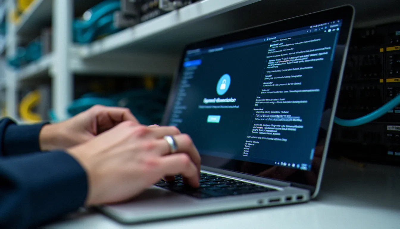 Technicien réseau connectant un poste de travail à un switch géré lors d'un processus d'authentification NAC en entreprise