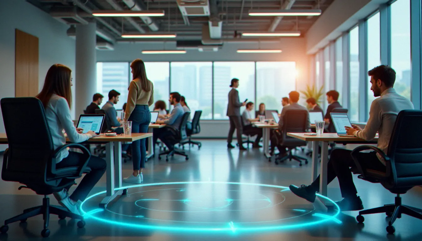 Vue d'ensemble d'un open space professionnel avec des collaborateurs connectés sur différents équipements illustrant les enjeux de segmentation réseau et de contrôle d'accès