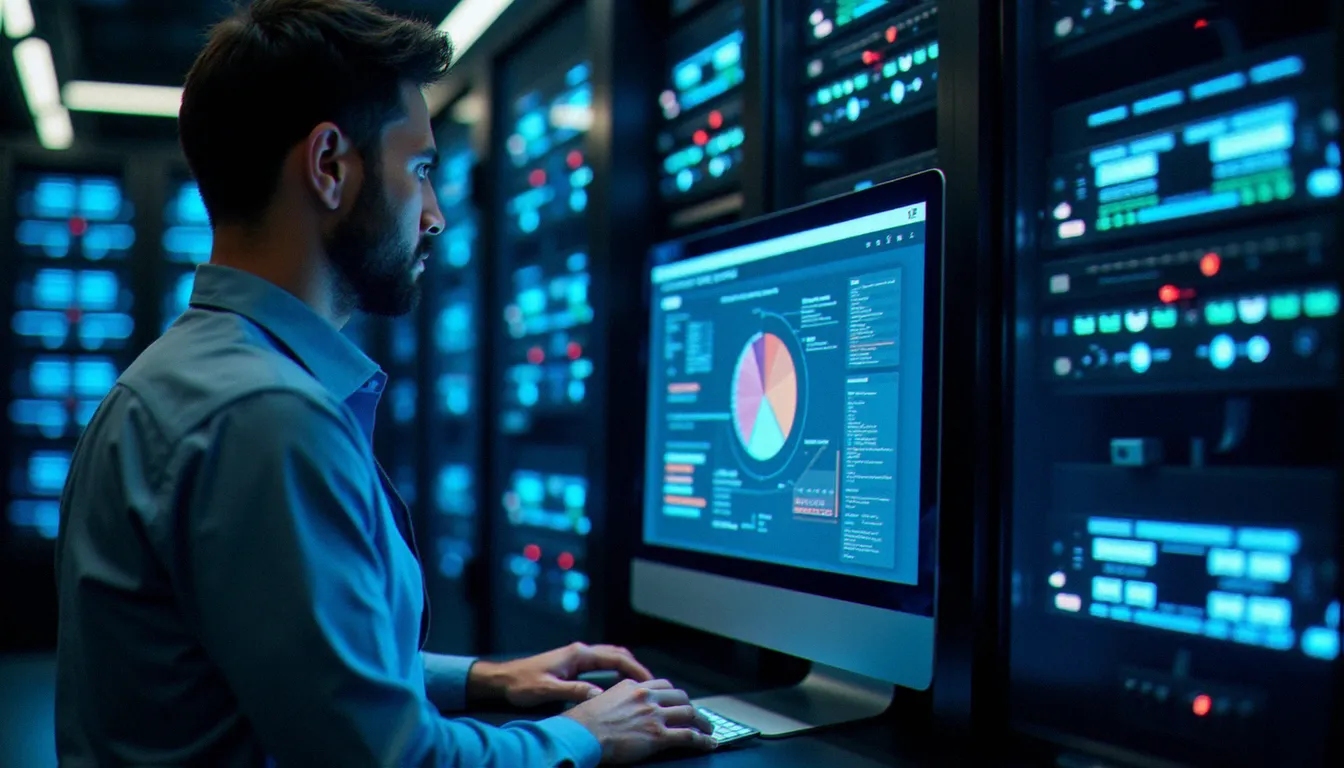 Ingénieur informatique configurant un système de contrôle d'accès réseau NAC dans une salle serveur professionnelle