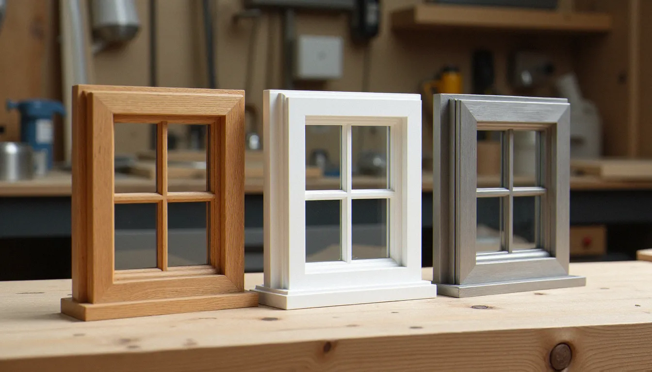 Comparaison de trois types de croisées — bois chêne, PVC et aluminium — sur un établi de menuisier
