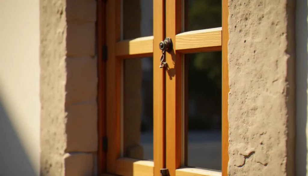 Fenêtre à croisée en bois avec quatre vantaux et crémone ancienne sur façade en pierre à Lyon