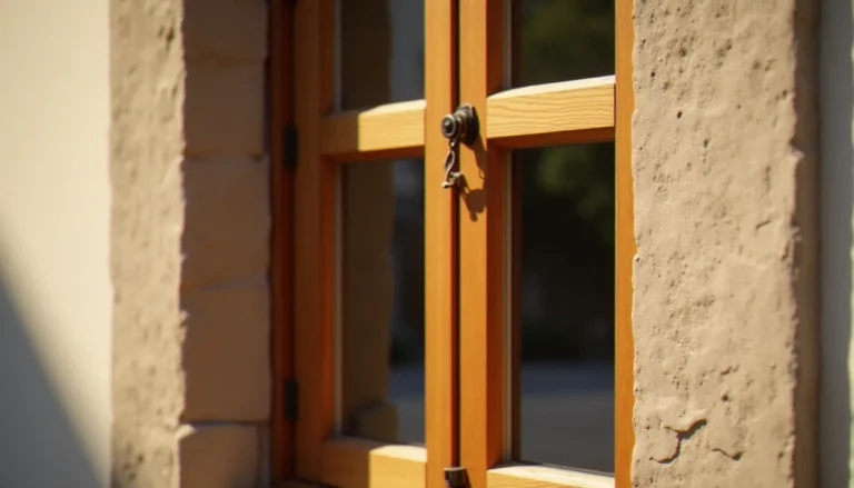 Fenêtre à croisée en bois avec quatre vantaux et crémone ancienne sur façade en pierre à Lyon