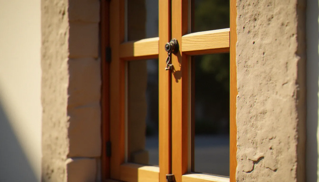 Fenêtre à croisée en bois avec quatre vantaux et crémone ancienne sur façade en pierre à Lyon