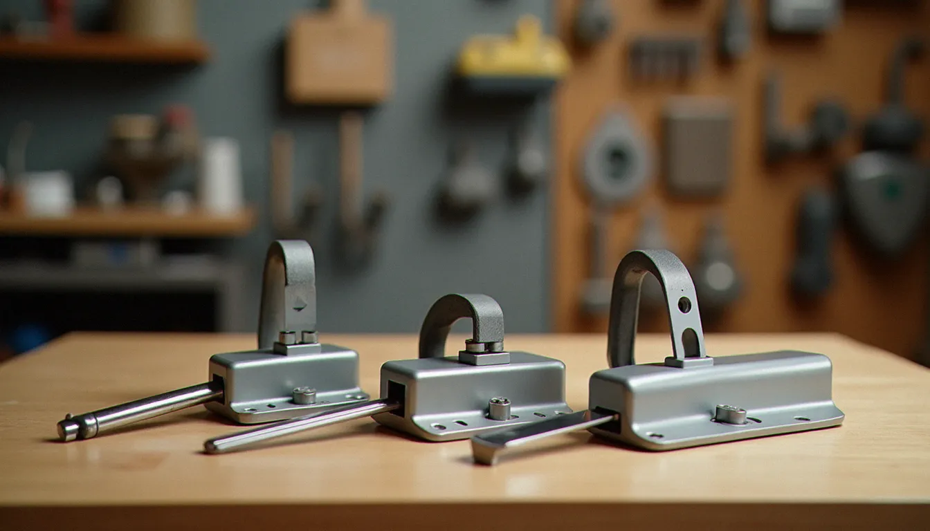 Trois types de ferme-portes automatiques côte à côte sur un établi : bras articulé, glissière et pivot de sol