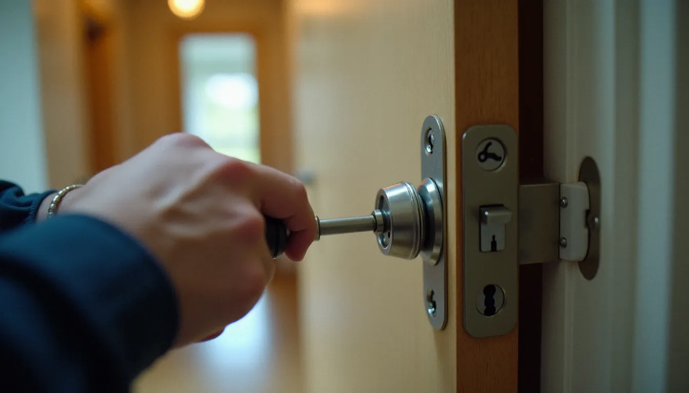 Réglage des vis hydrauliques d'un ferme-porte automatique par un serrurier professionnel dans un couloir résidentiel