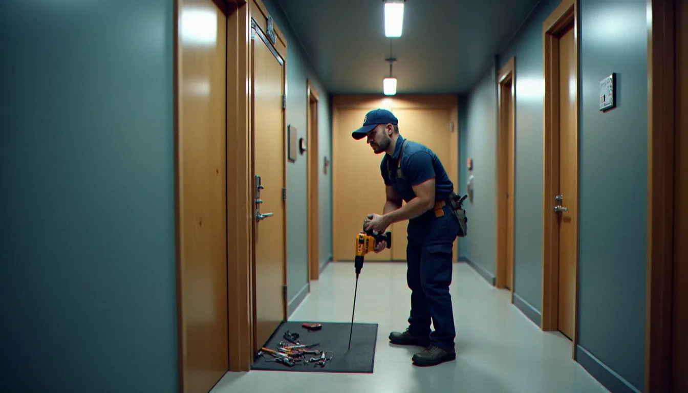 Serrurier professionnel en train d'installer un ferme-porte automatique électrique sur une porte coupe-feu dans un couloir de bureau moderne