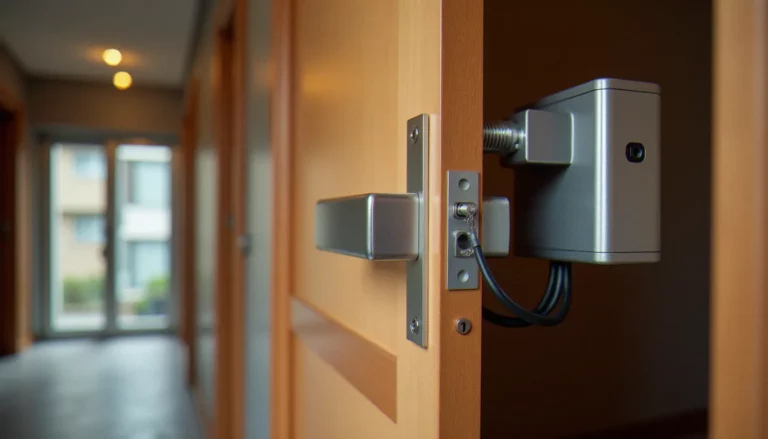 Ferme-porte automatique électrique installé en partie haute d'une porte d'entrée d'immeuble résidentiel avec bras articulé chromé visible