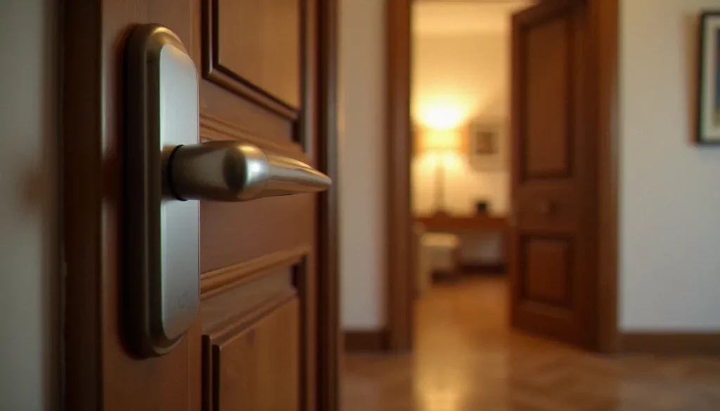 Ferme-porte automatique hydraulique installé sur une porte d'entrée en bois dans un couloir d'immeuble résidentiel français