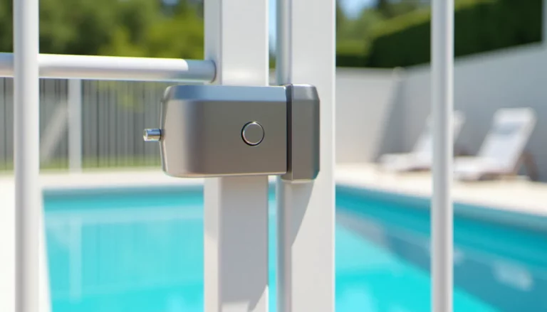 Ferme porte automatique piscine en inox fixé sur un portillon de clôture aluminium blanc avec piscine en arrière-plan