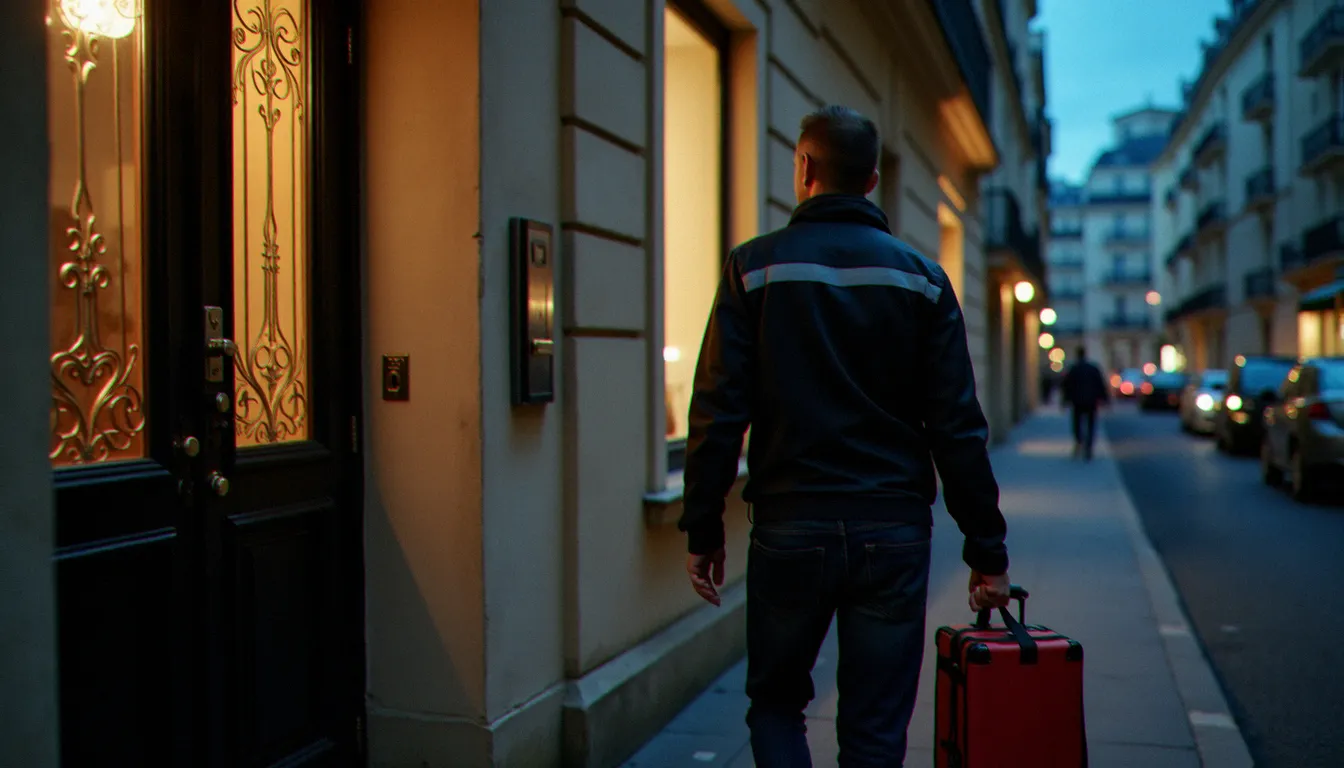 Technicien serrurier arrivant en intervention d'urgence de nuit devant un immeuble résidentiel parisien avec sa mallette d'outils