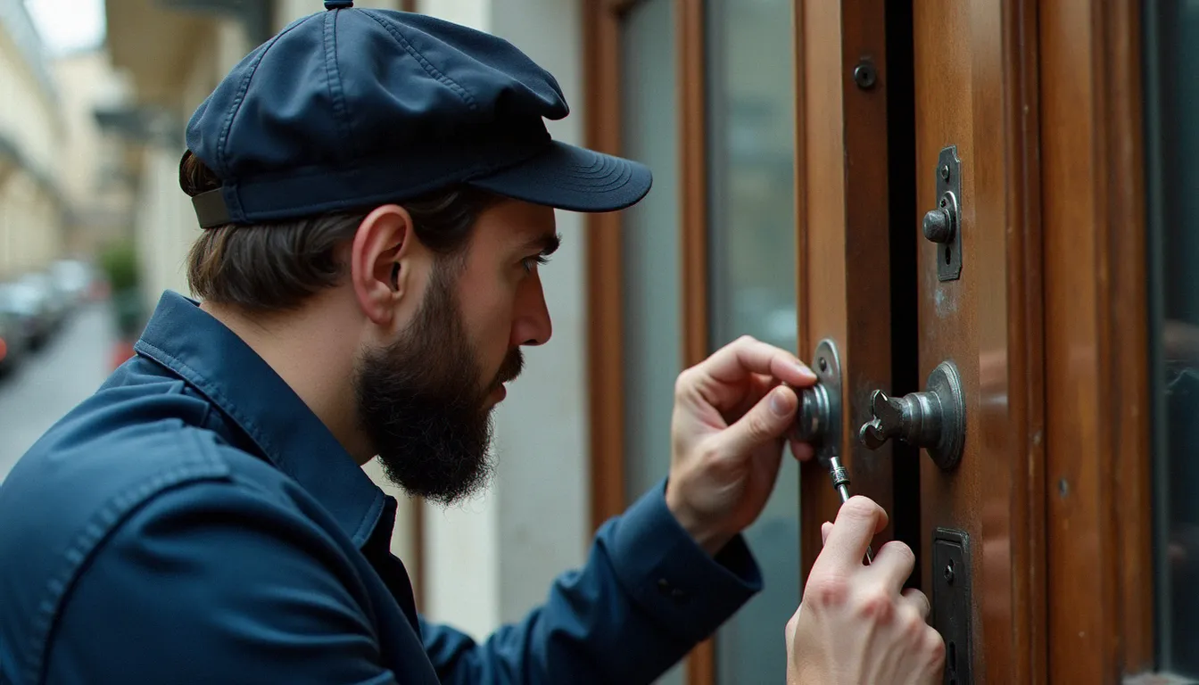 Serrurier professionnel examinant un cylindre de porte d'entrée dans le 13e arrondissement de Paris, intervention de dépannage serrurerie