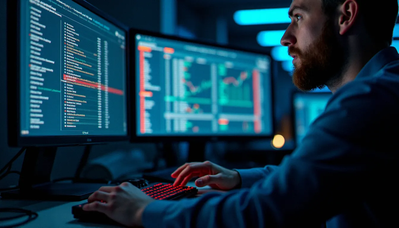 Administrateur réseau analysant un tableau de bord de détection d'intrusions sur deux écrans, visualisant les menaces bloquées par le système IPS UniFi