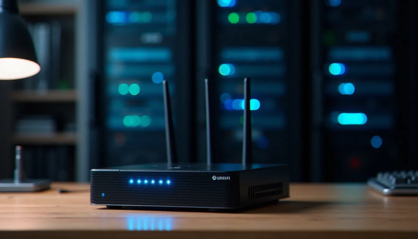 Passerelle UniFi Dream Machine Pro avec voyants de sécurité actifs, illustrant un système d'intrusion prevention UniFi en fonctionnement dans un environnement réseau professionnel